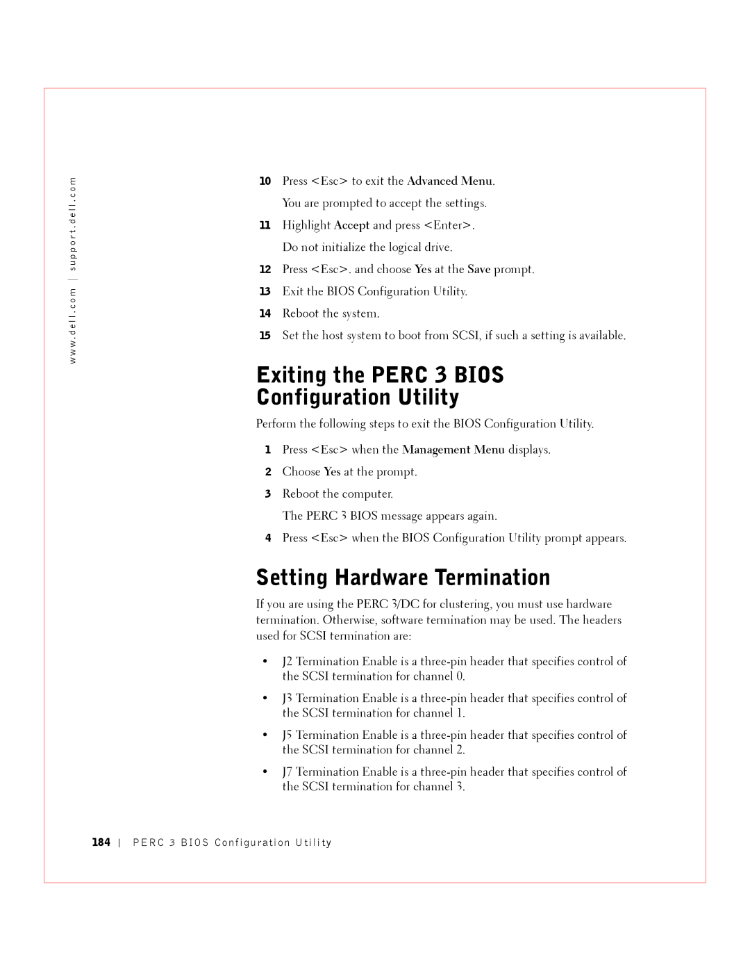 Dell manual Exiting the Perc 3 Bios Configuration Utility, Setting Hardware Termination 