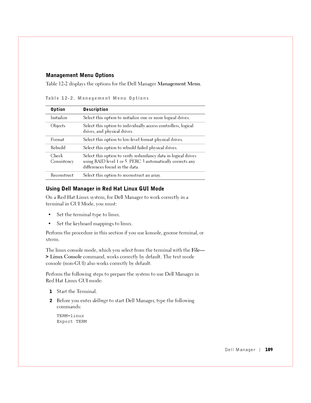 Dell 3 manual Management Menu Options, Using Dell Manager in Red Hat Linux GUI Mode, 189 