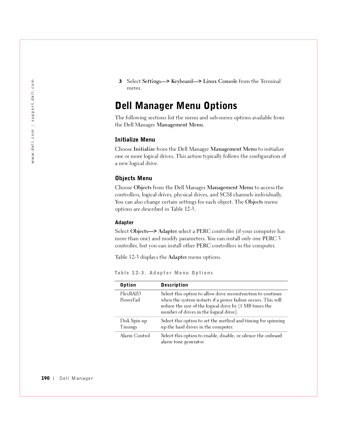 Dell manual Dell Manager Menu Options, Ta b l e 1 2 3 . a d ap t er M en u O p t i on s 