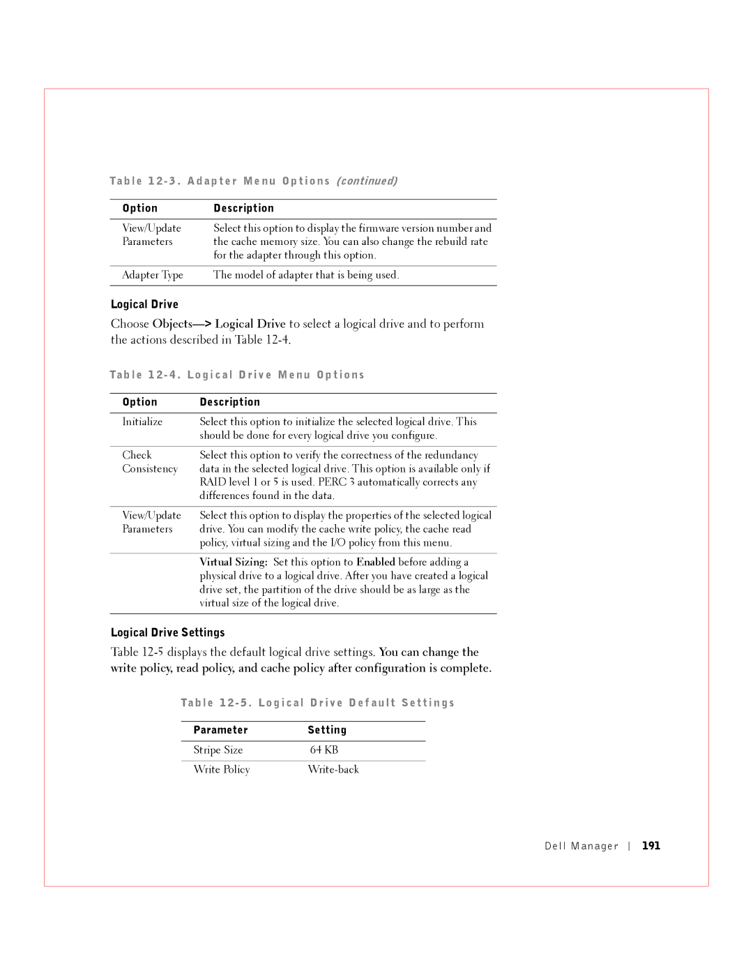 Dell manual Logical Drive Settings, Ta b l e 1 2 3 . a d ap t er Me n u O p t i on s, Parameter Setting, 191 