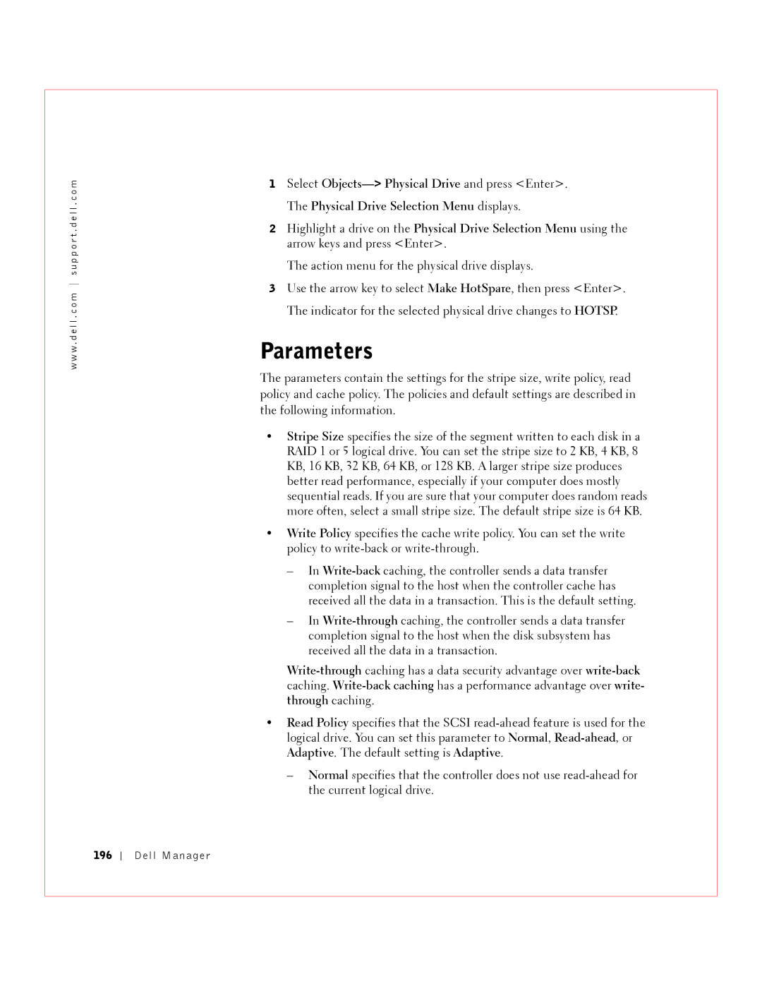 Dell 3 manual Parameters, 196 