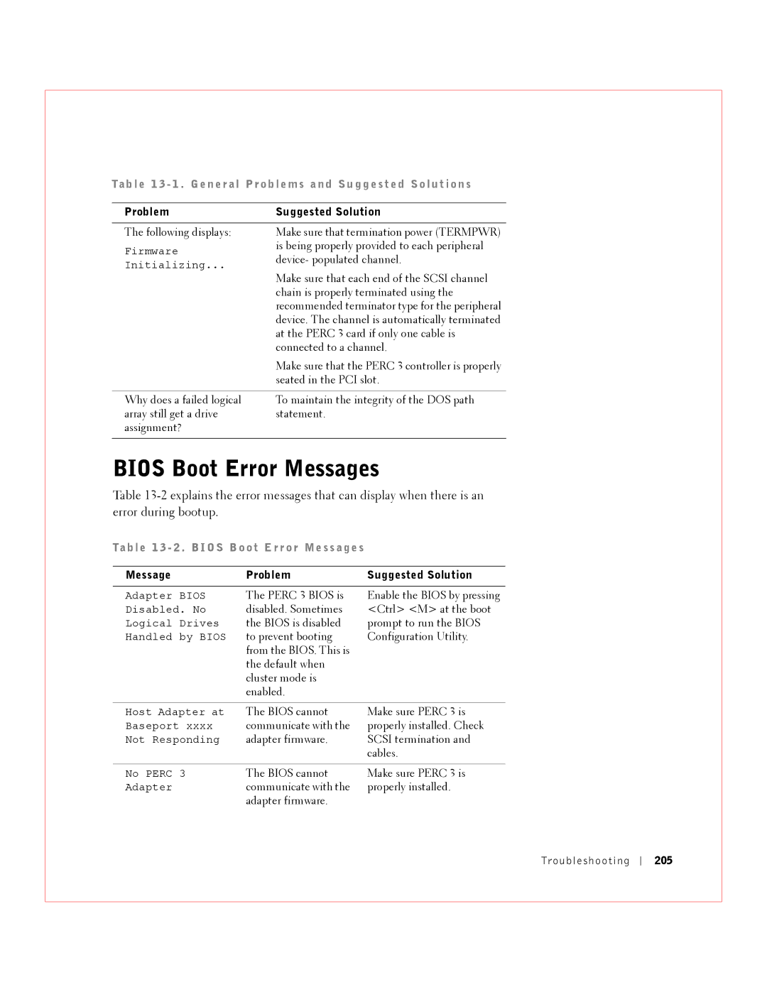 Dell Bios Boot Error Messages, Ta b l e 1 3 2 . B I O S B o ot Error M e s s a ge s, Message Problem Suggested Solution 