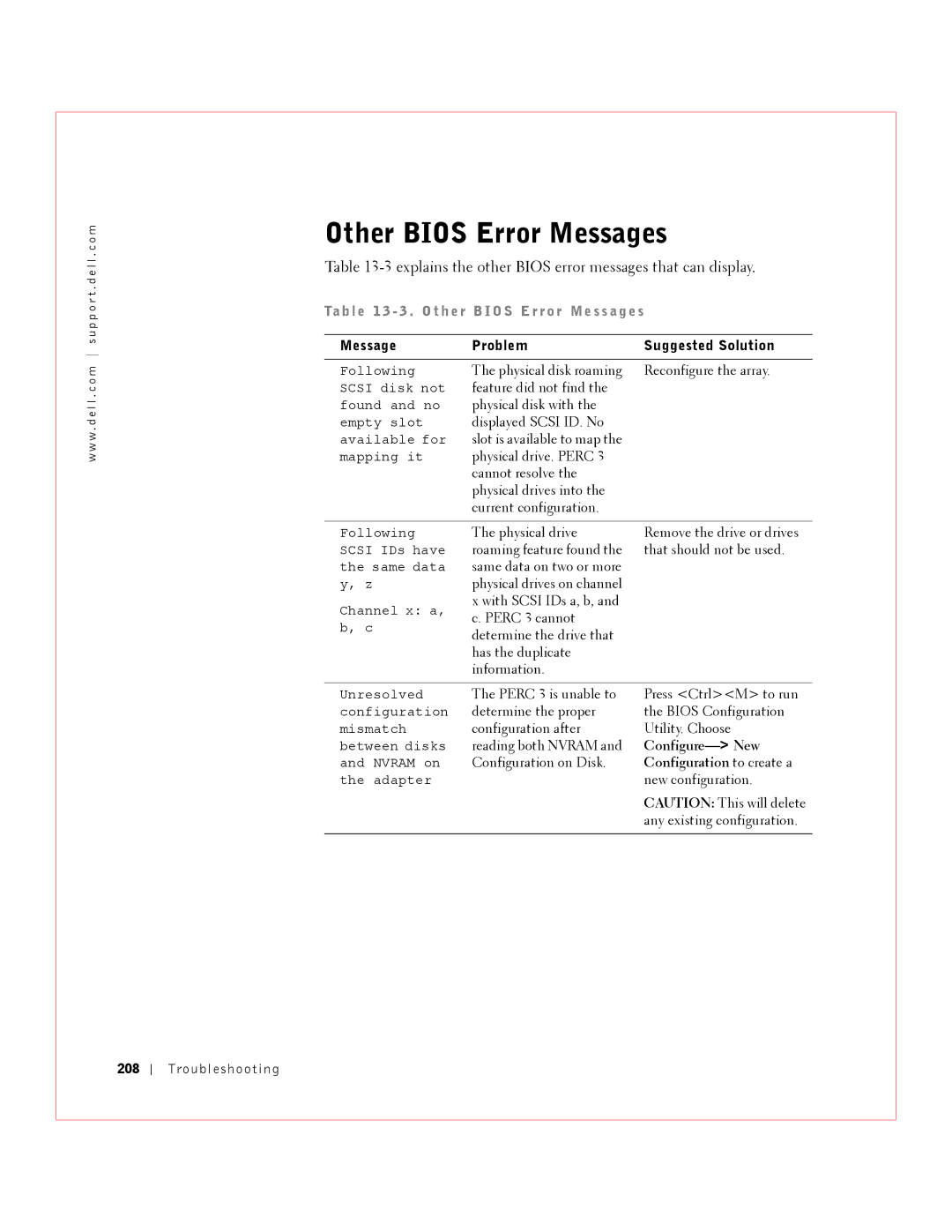 Dell 3 manual Other Bios Error Messages, Explains the other Bios error messages that can display 