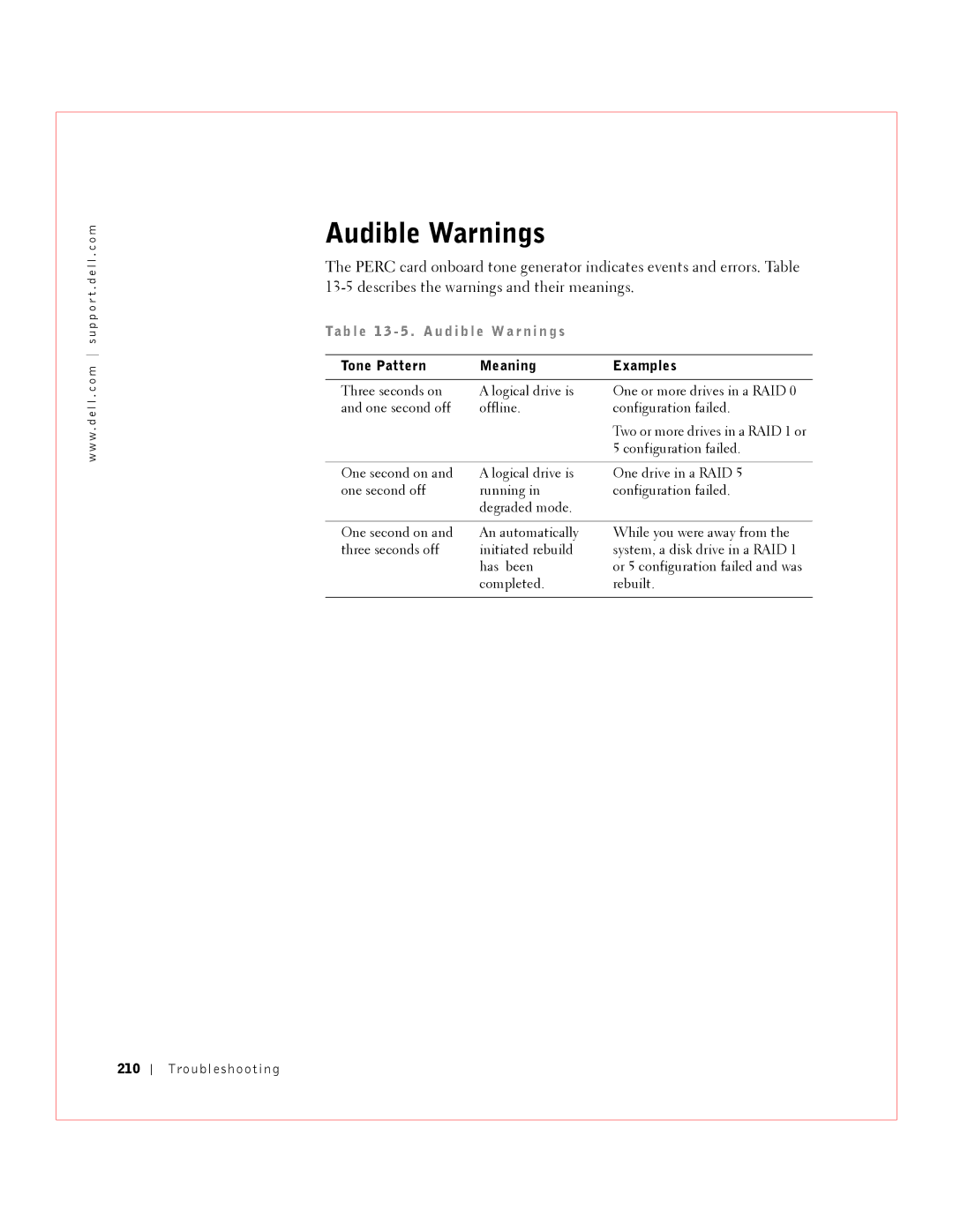 Dell manual Audible Warnings, Ta b l e 1 3 5 . a u di bl e Wa r n i n g s, Tone Pattern Meaning Examples 