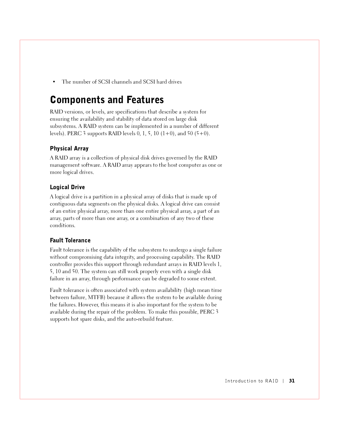 Dell 3 manual Components and Features, Physical Array, Logical Drive, Fault Tolerance 