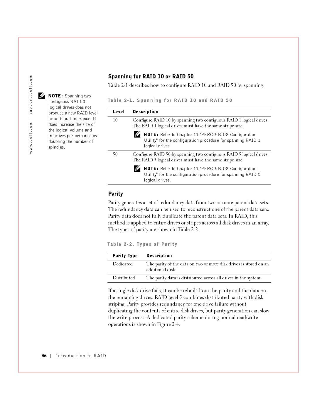 Dell 3 manual Spanning for RAID 10 or RAID, Parity, Describes how to configure RAID 10 and RAID 50 by spanning 