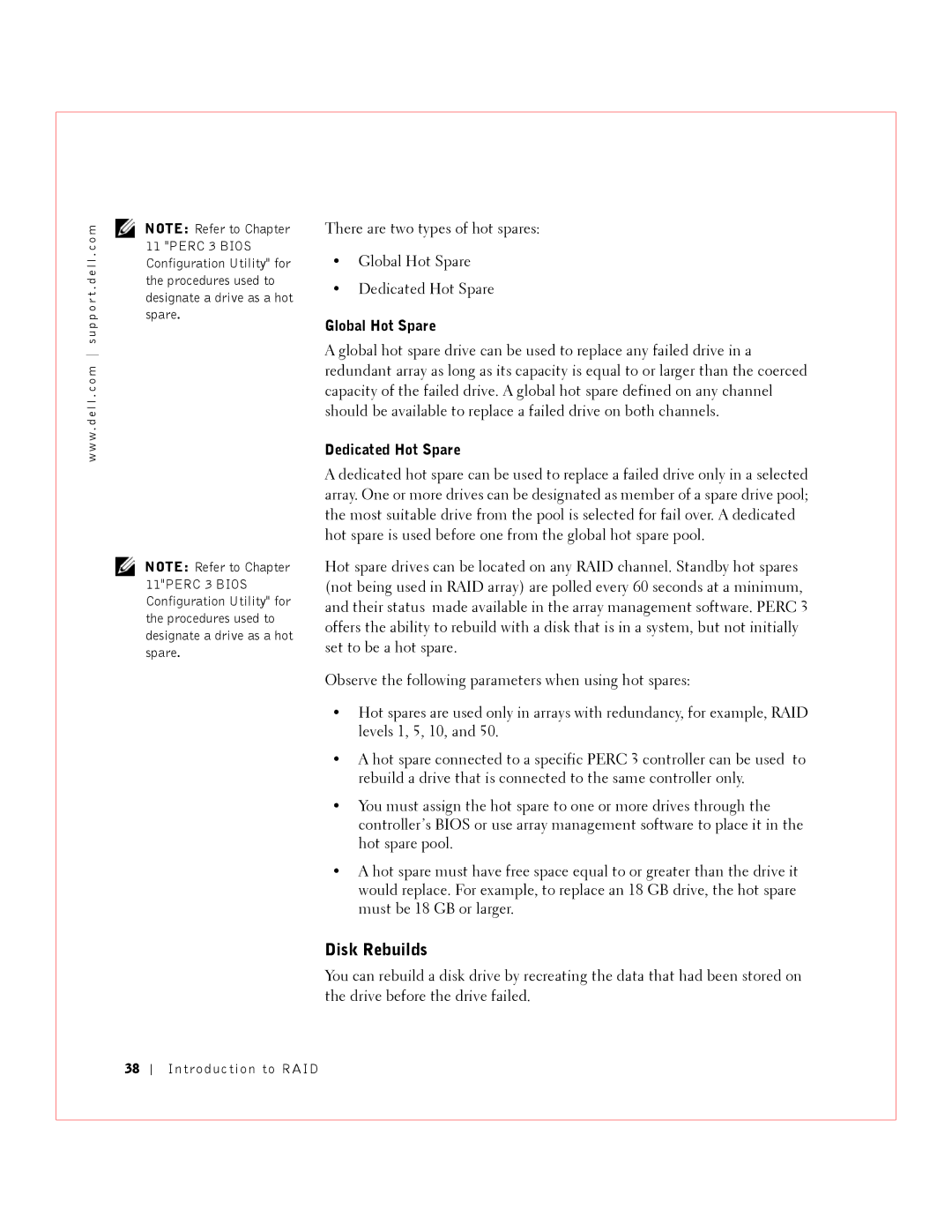 Dell 3 manual Disk Rebuilds, Global Hot Spare, Dedicated Hot Spare 