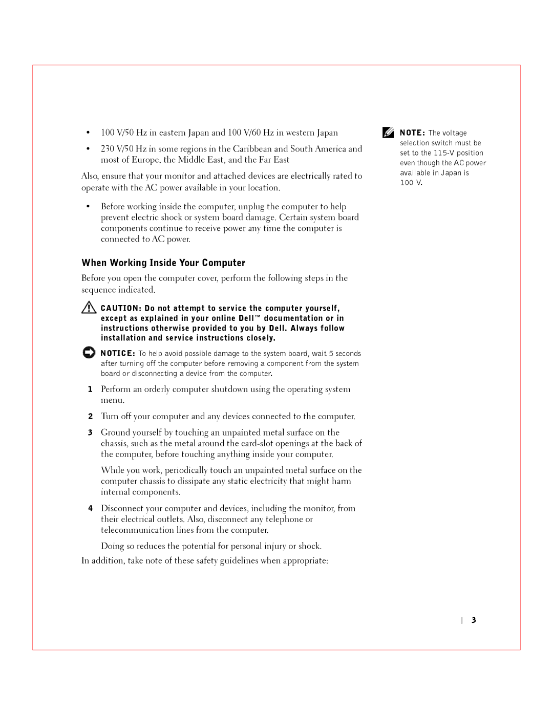 Dell 3 manual When Working Inside Your Computer 