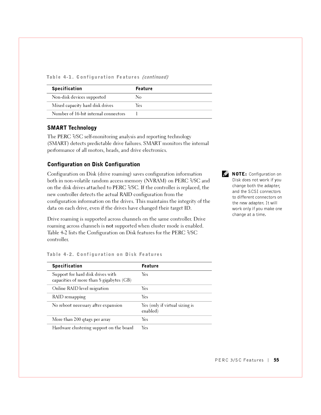 Dell 3 manual Smart Technology, Configuration on Disk Configuration, Ta b l e 4 1 . C on f i g u r a t i o n Fe at ur e s 