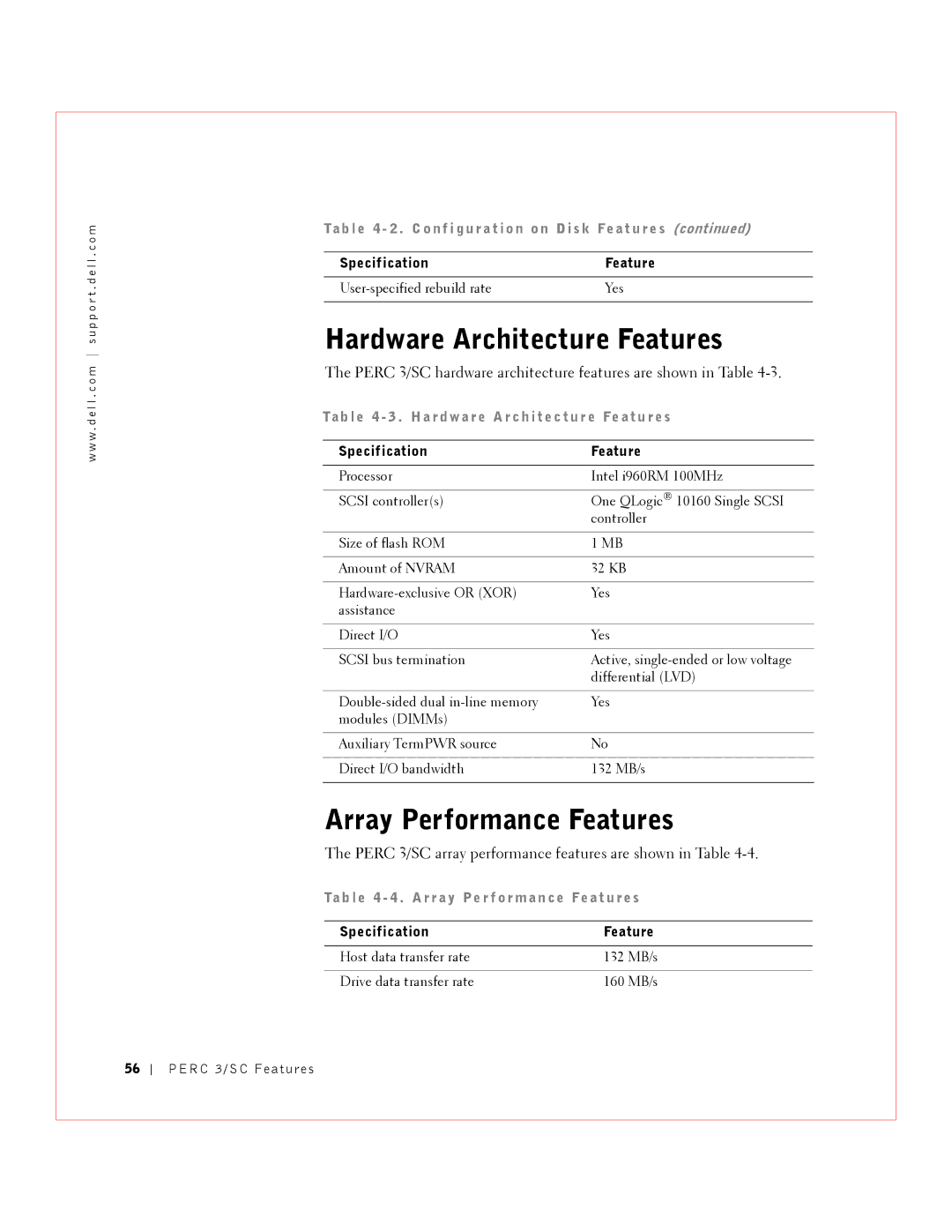 Dell Hardware Architecture Features, Array Performance Features, Perc 3/SC array performance features are shown in Table 