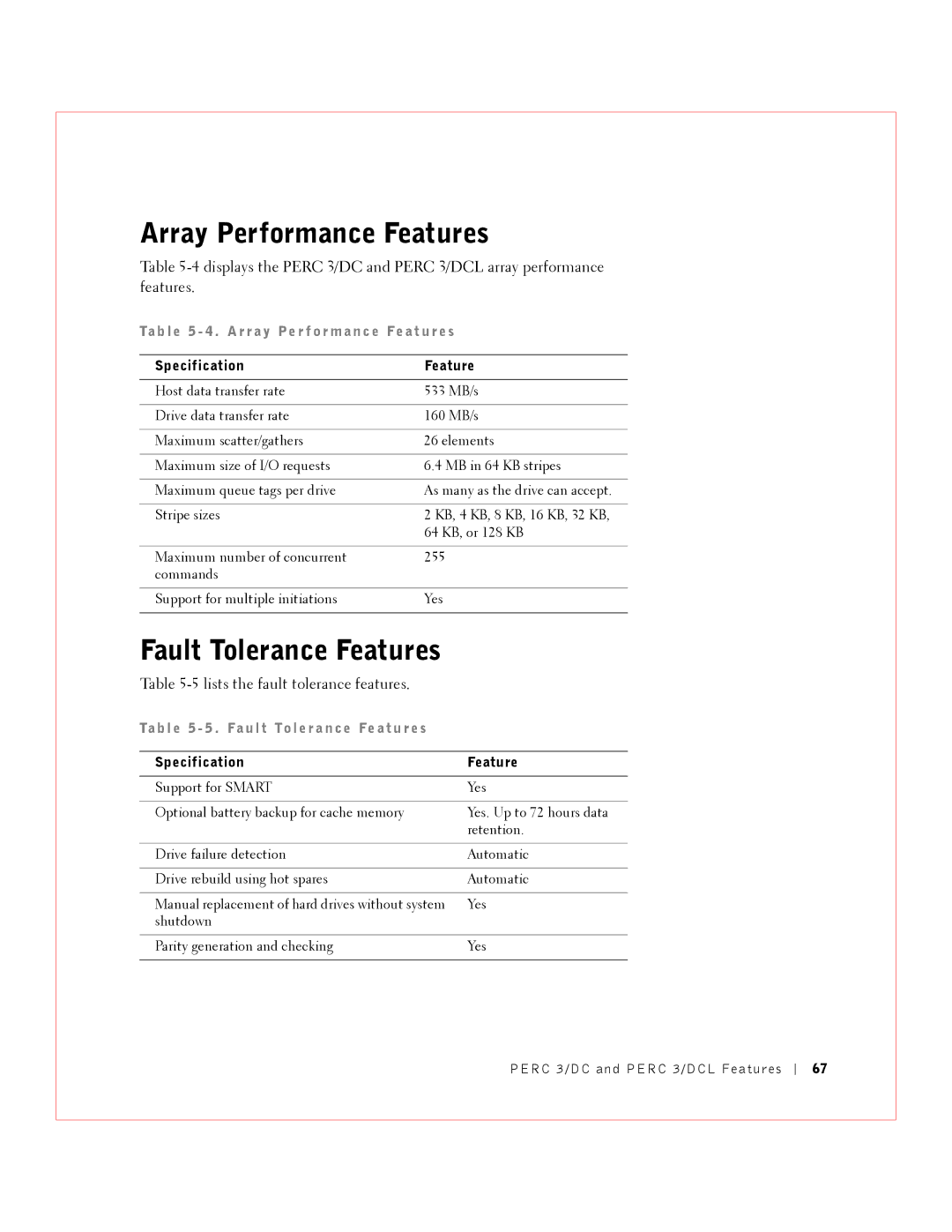 Dell 3 Fault Tolerance Features, Lists the fault tolerance features, Ta b l e 5 5 . Fa u l t To l e r a n ce Fe at u r e s 