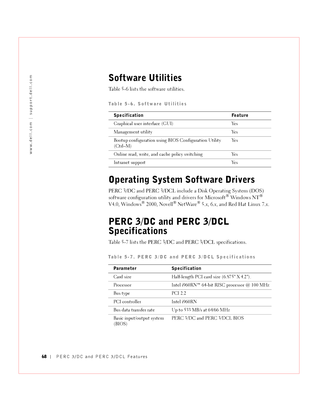 Dell manual Perc 3/DC and Perc 3/DCL Specifications, Lists the software utilities 