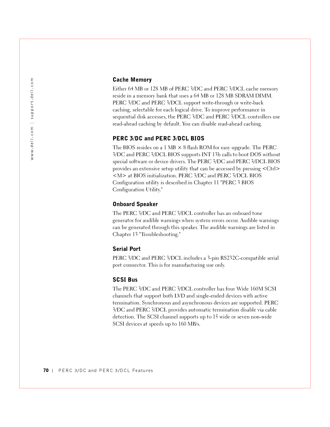 Dell manual Cache Memory, Perc 3/DC and Perc 3/DCL Bios 