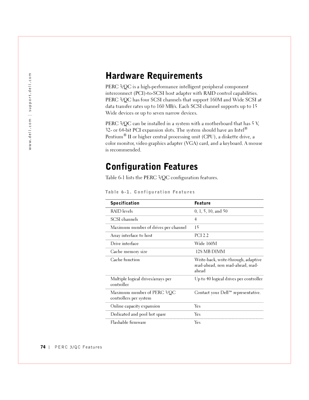 Dell manual Lists the Perc 3/QC configuration features, Ta b l e 6 1 . C o n f i g u r at i on Fe a t u r e s 