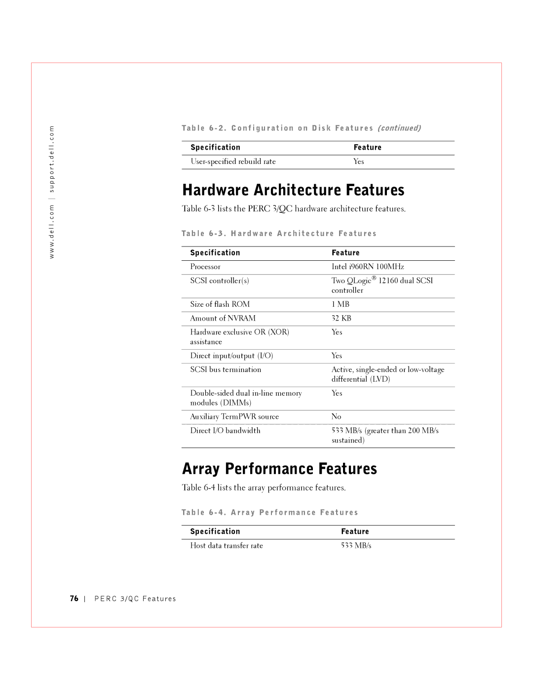 Dell manual Lists the Perc 3/QC hardware architecture features, Lists the array performance features, S k Fe a t u r es 