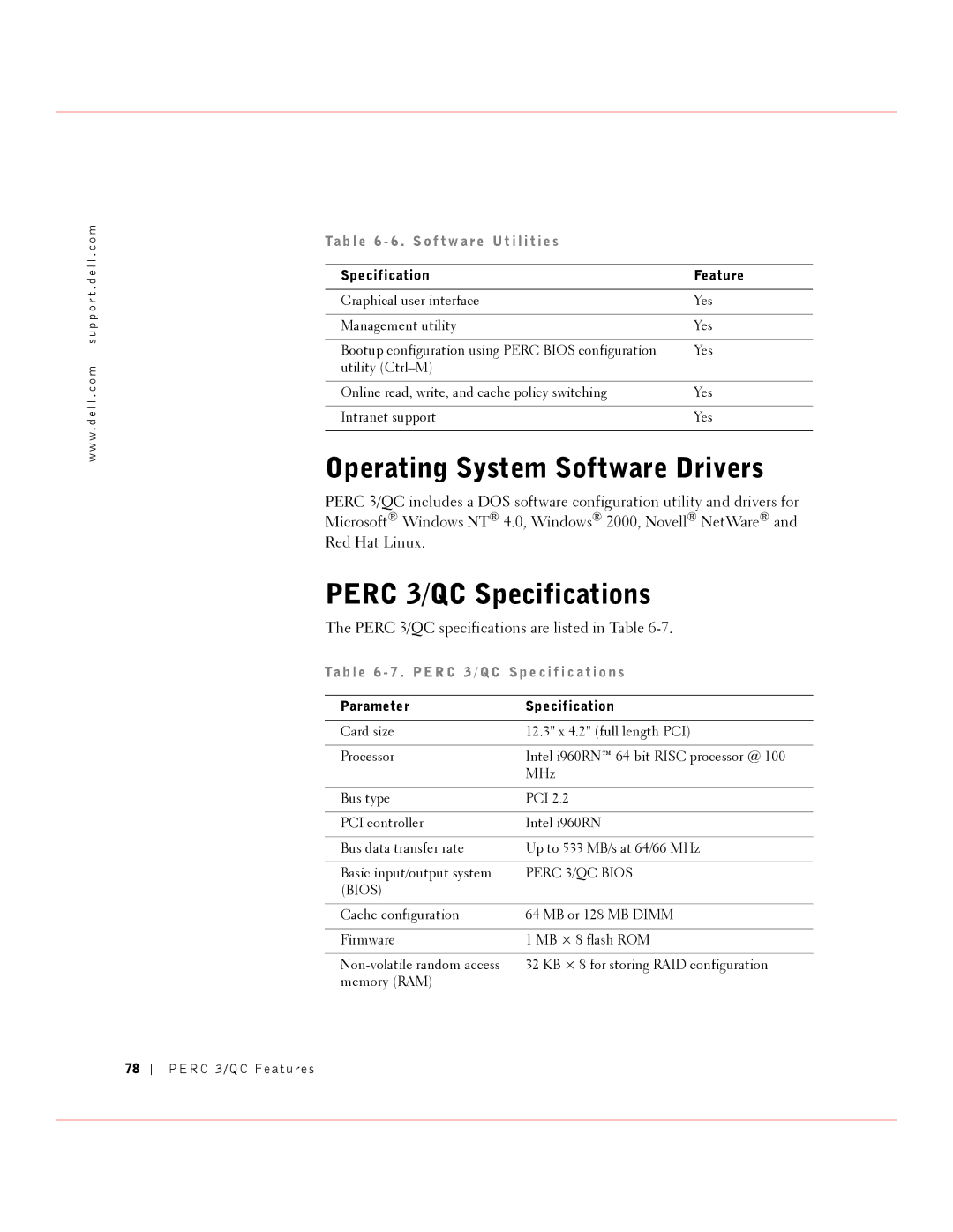 Dell manual Perc 3/QC Specifications, Perc 3/QC specifications are listed in Table 