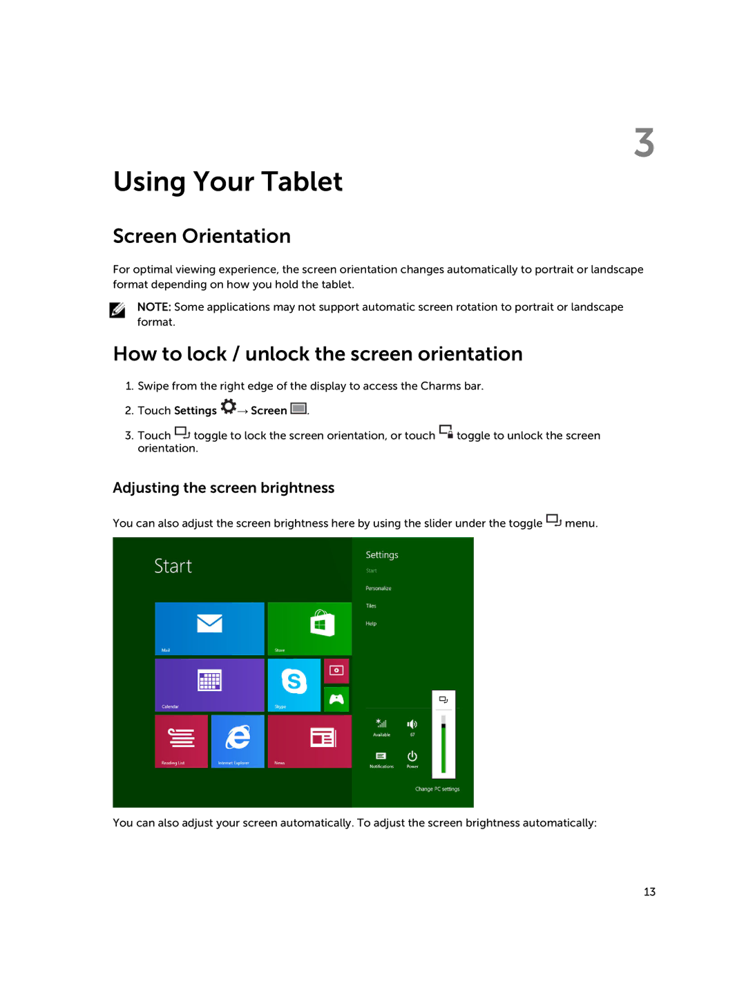 Dell Nov-39, 30-Nov manual Using Your Tablet, Screen Orientation, How to lock / unlock the screen orientation 