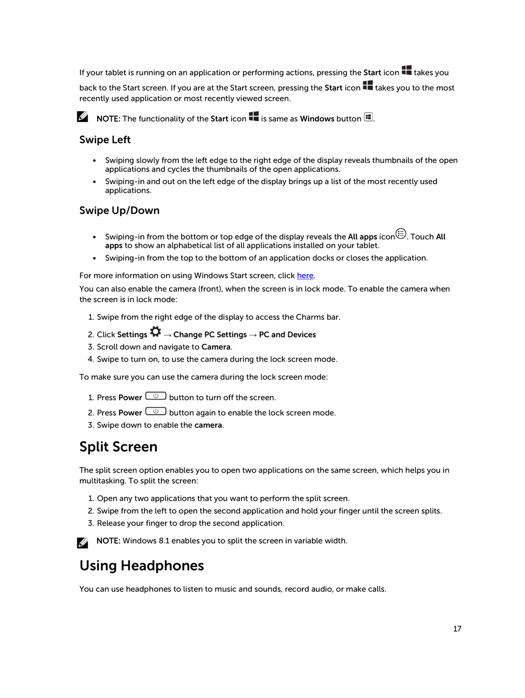 Dell Nov-39, 30-Nov manual Split Screen, Using Headphones, Swipe Left, Swipe Up/Down 