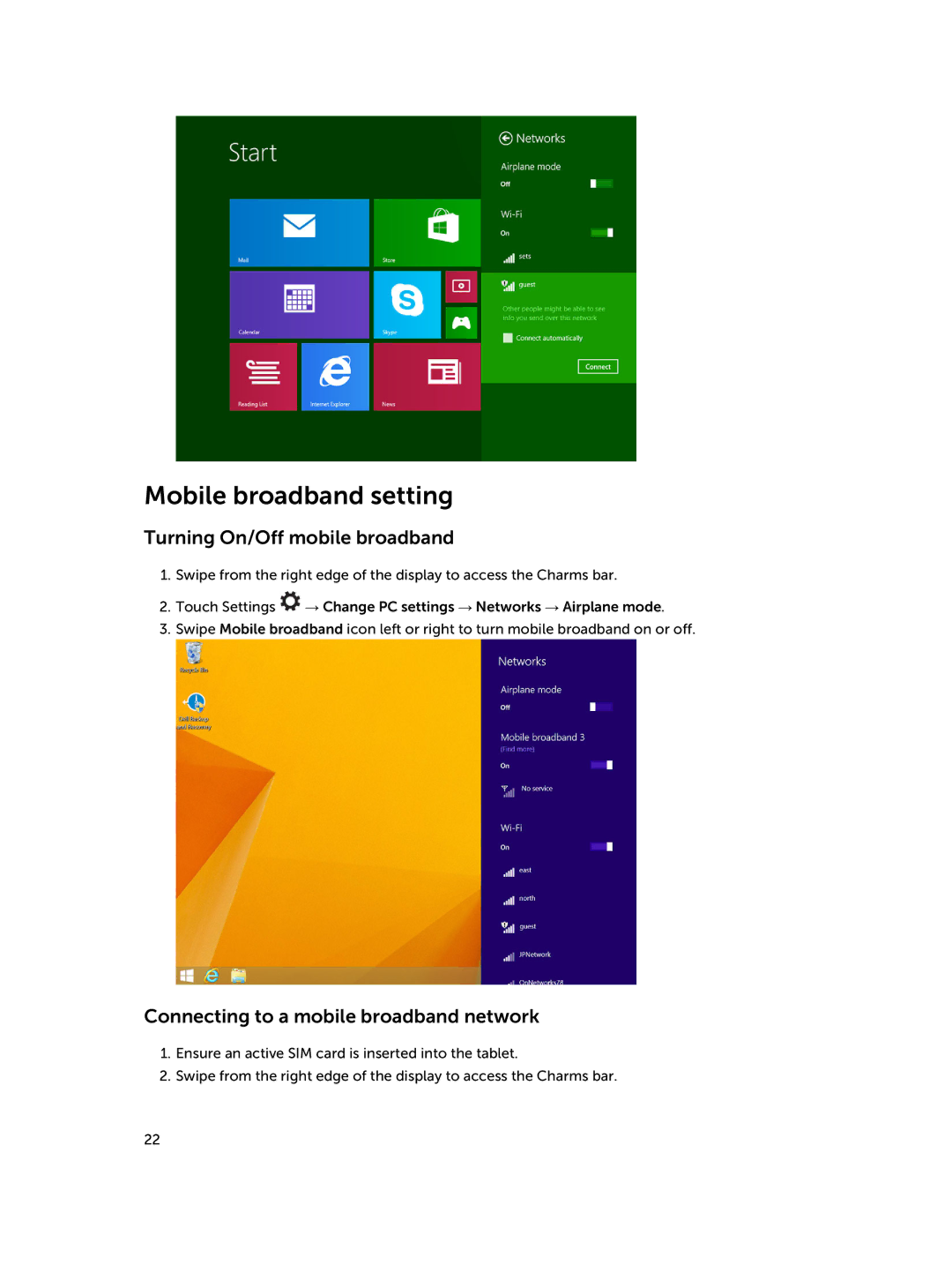 Dell 30-Nov, Nov-39 Mobile broadband setting, Turning On/Off mobile broadband, Connecting to a mobile broadband network 