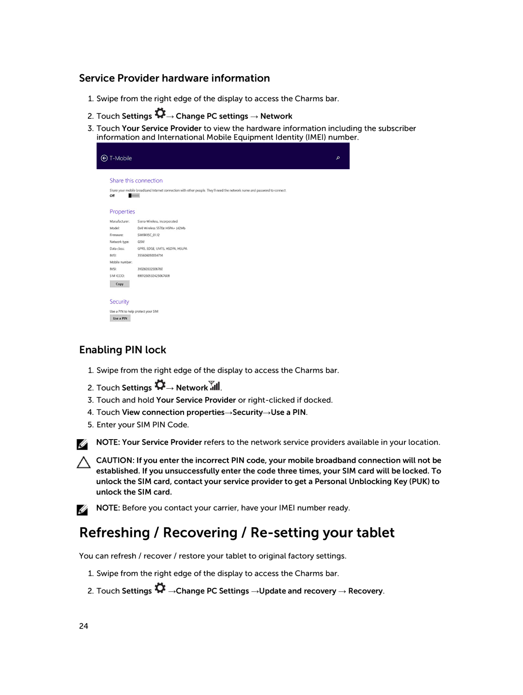 Dell 30-Nov Refreshing / Recovering / Re-setting your tablet, Service Provider hardware information, Enabling PIN lock 