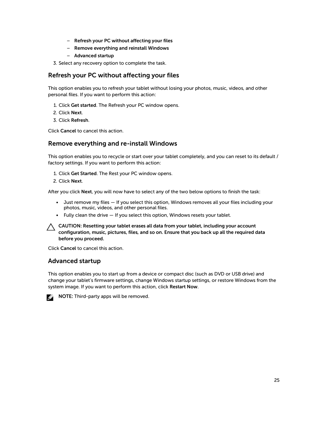 Dell Nov-39 manual Refresh your PC without affecting your files, Remove everything and re-install Windows, Advanced startup 