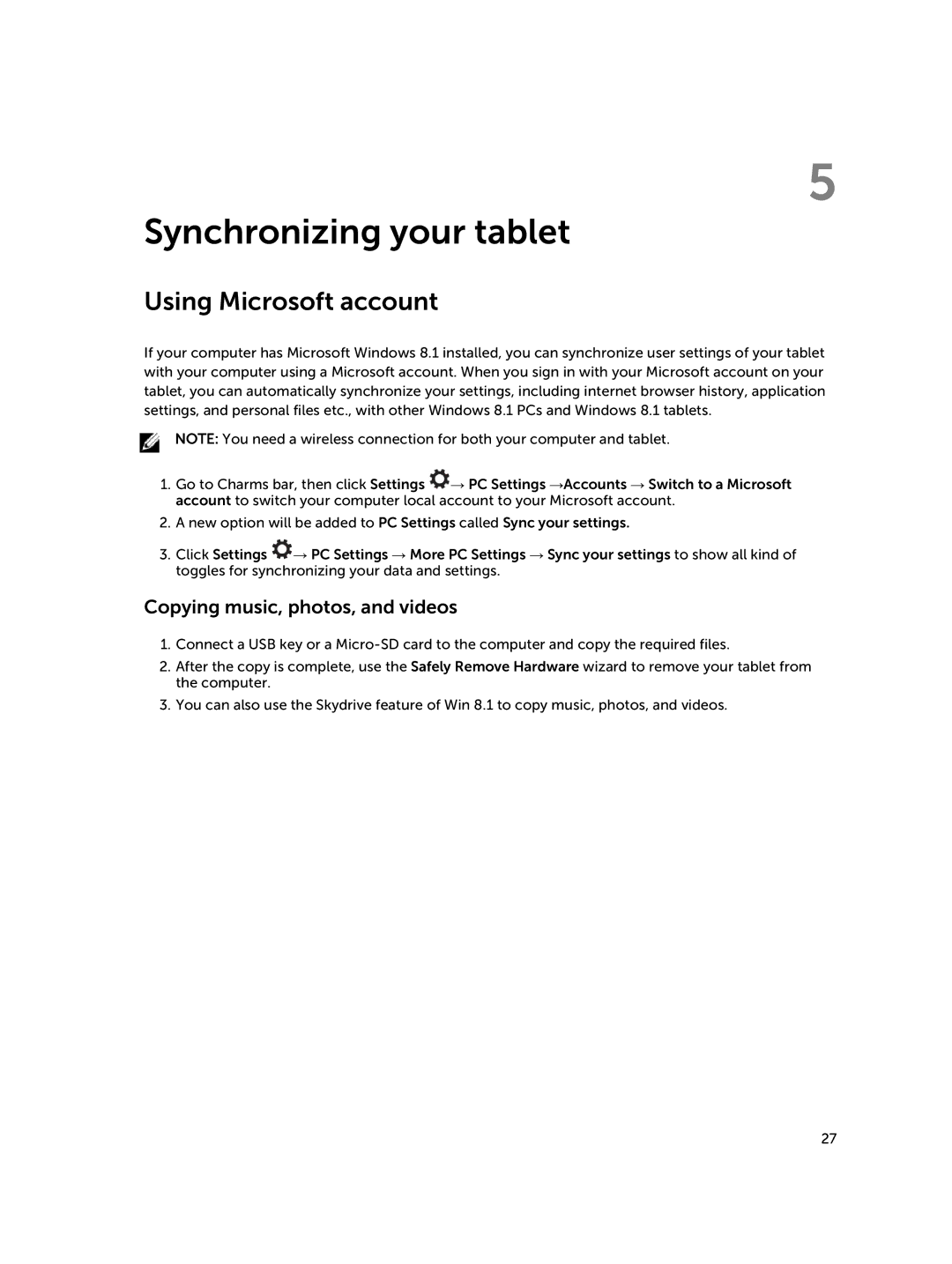 Dell Nov-39, 30-Nov manual Synchronizing your tablet, Using Microsoft account, Copying music, photos, and videos 