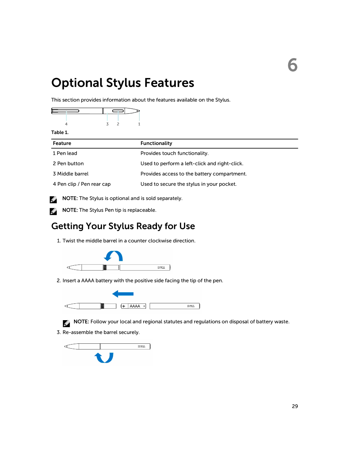 Dell Nov-39, 30-Nov manual Optional Stylus Features, Getting Your Stylus Ready for Use 