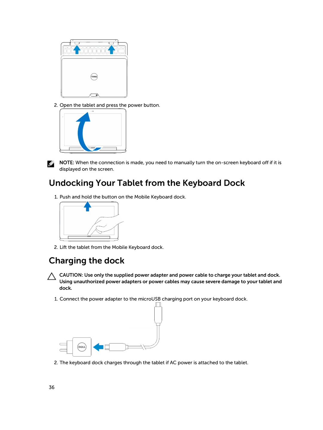 Dell 30-Nov, Nov-39 manual Undocking Your Tablet from the Keyboard Dock, Charging the dock 