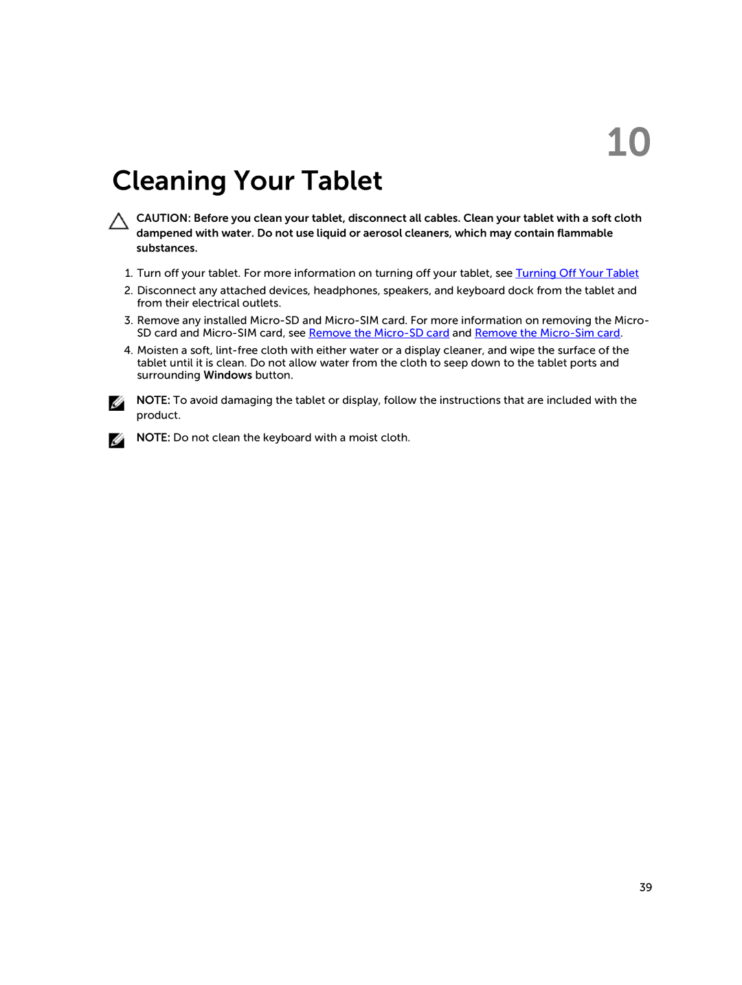 Dell Nov-39, 30-Nov manual Cleaning Your Tablet 