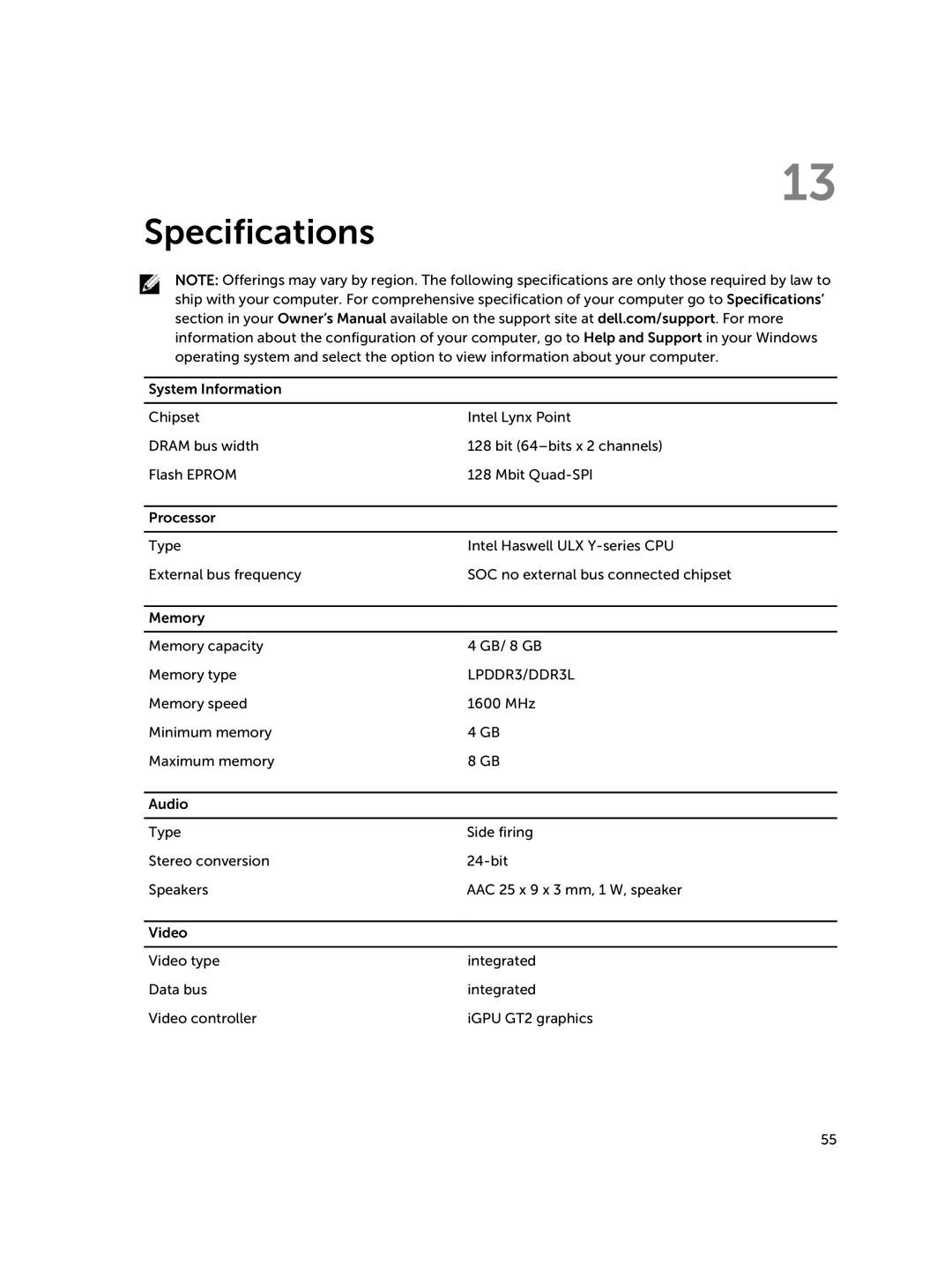 Dell Nov-39, 30-Nov manual Specifications, LPDDR3/DDR3L 