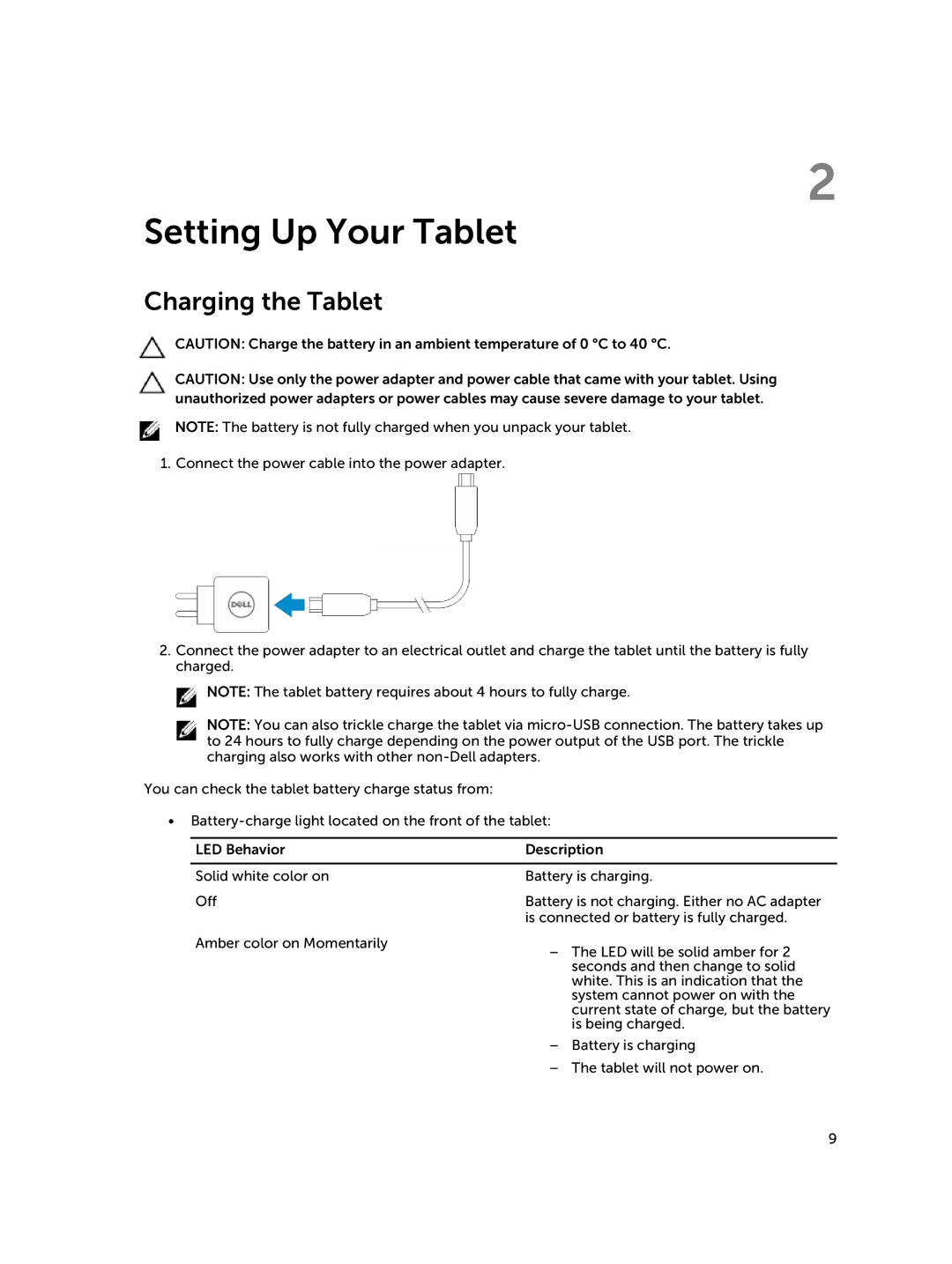 Dell Nov-39, 30-Nov manual Setting Up Your Tablet, Charging the Tablet 