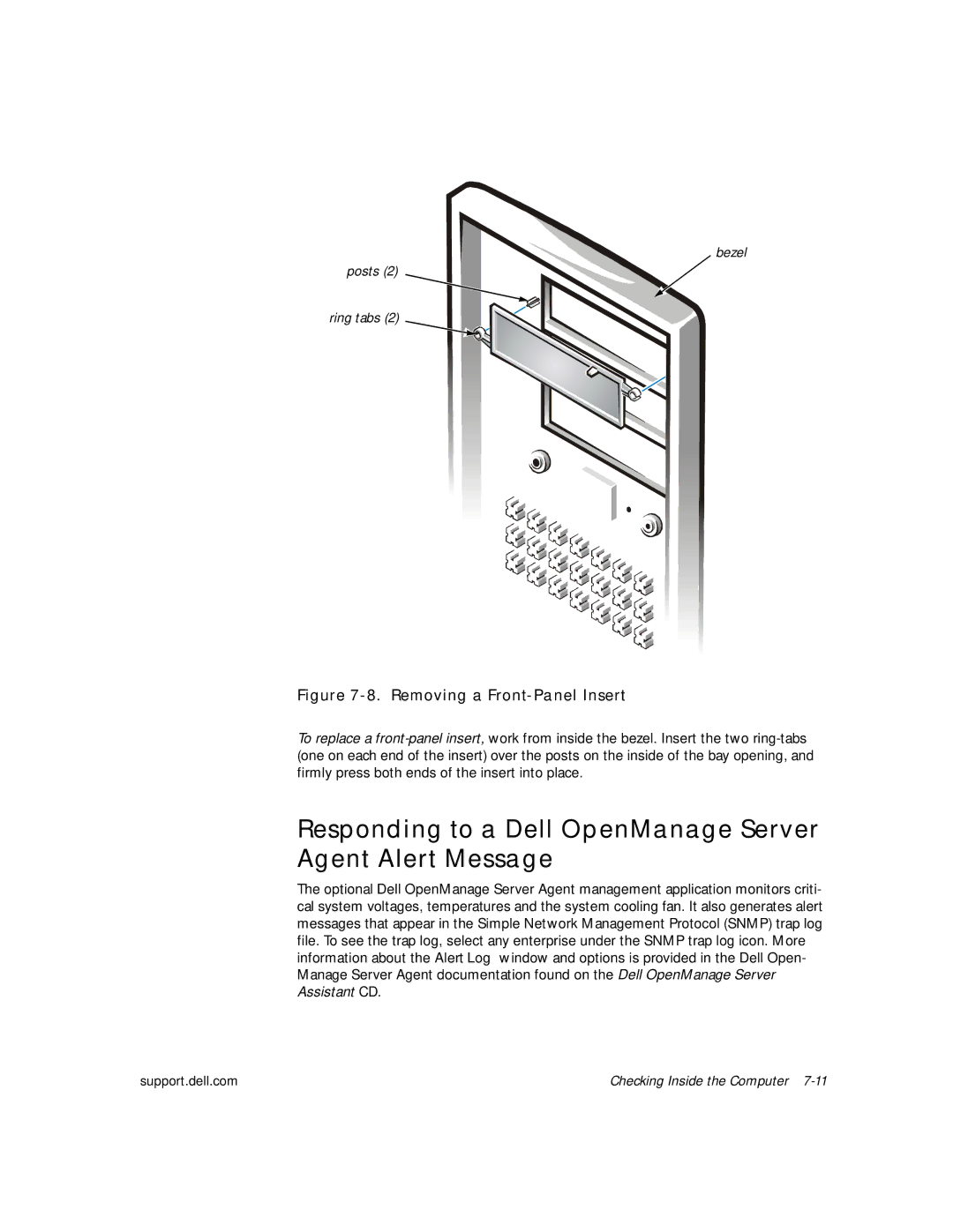 Dell 300 manual Responding to a Dell OpenManage Server Agent Alert Message, Removing a Front-Panel Insert 