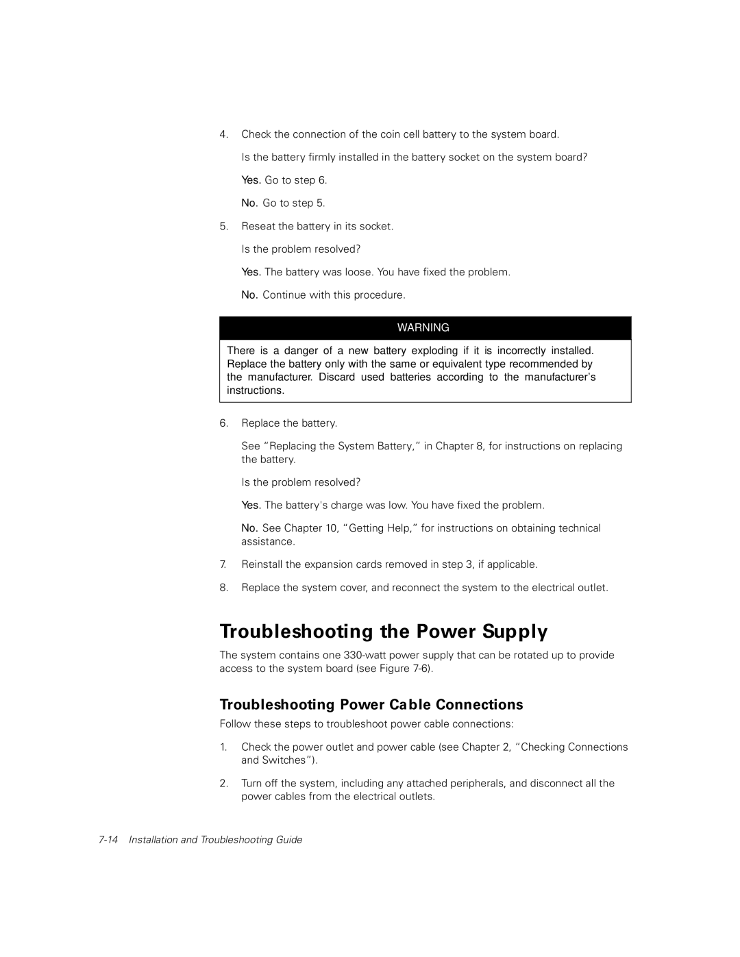 Dell 300 manual Troubleshooting the Power Supply, Troubleshooting Power Cable Connections 