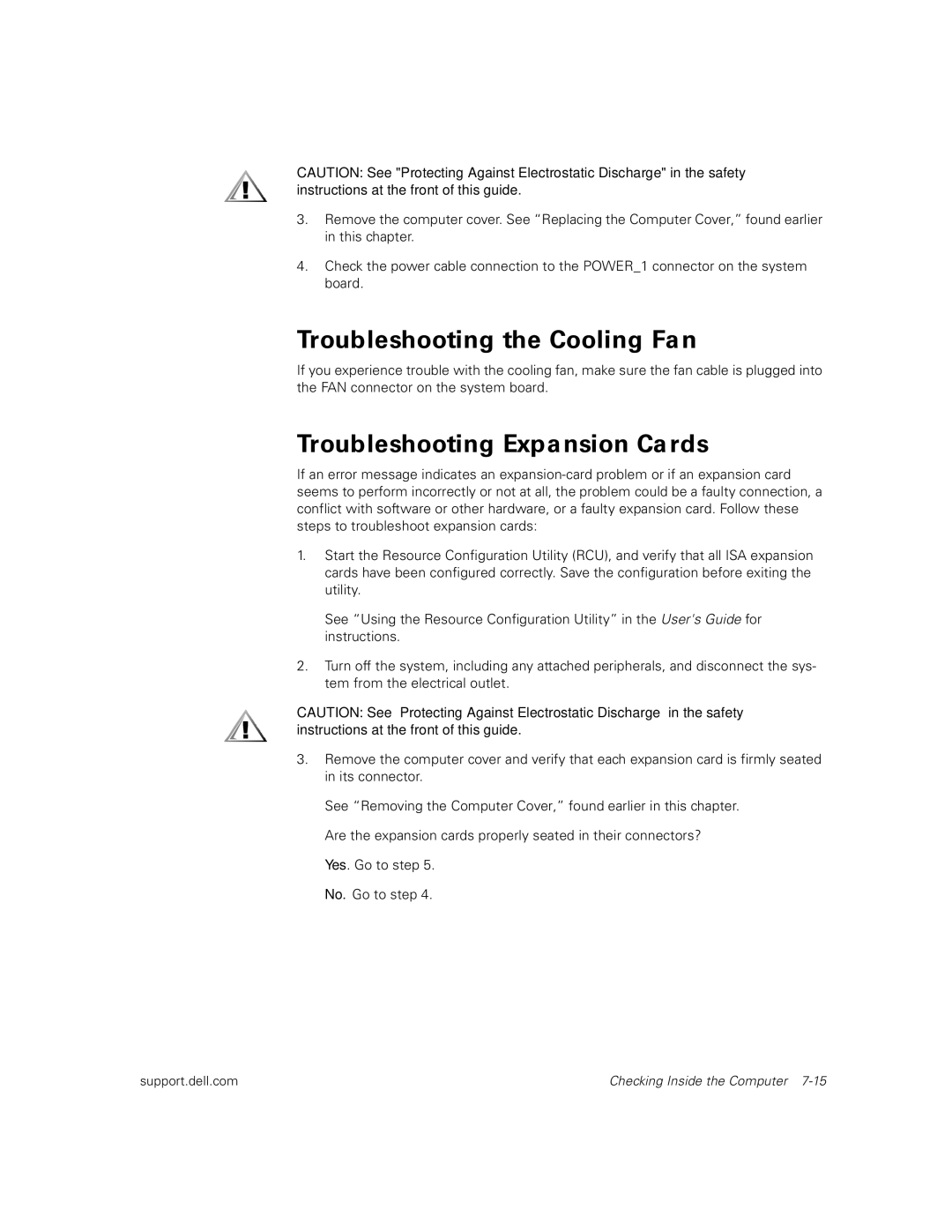 Dell 300 manual Troubleshooting the Cooling Fan, Troubleshooting Expansion Cards 