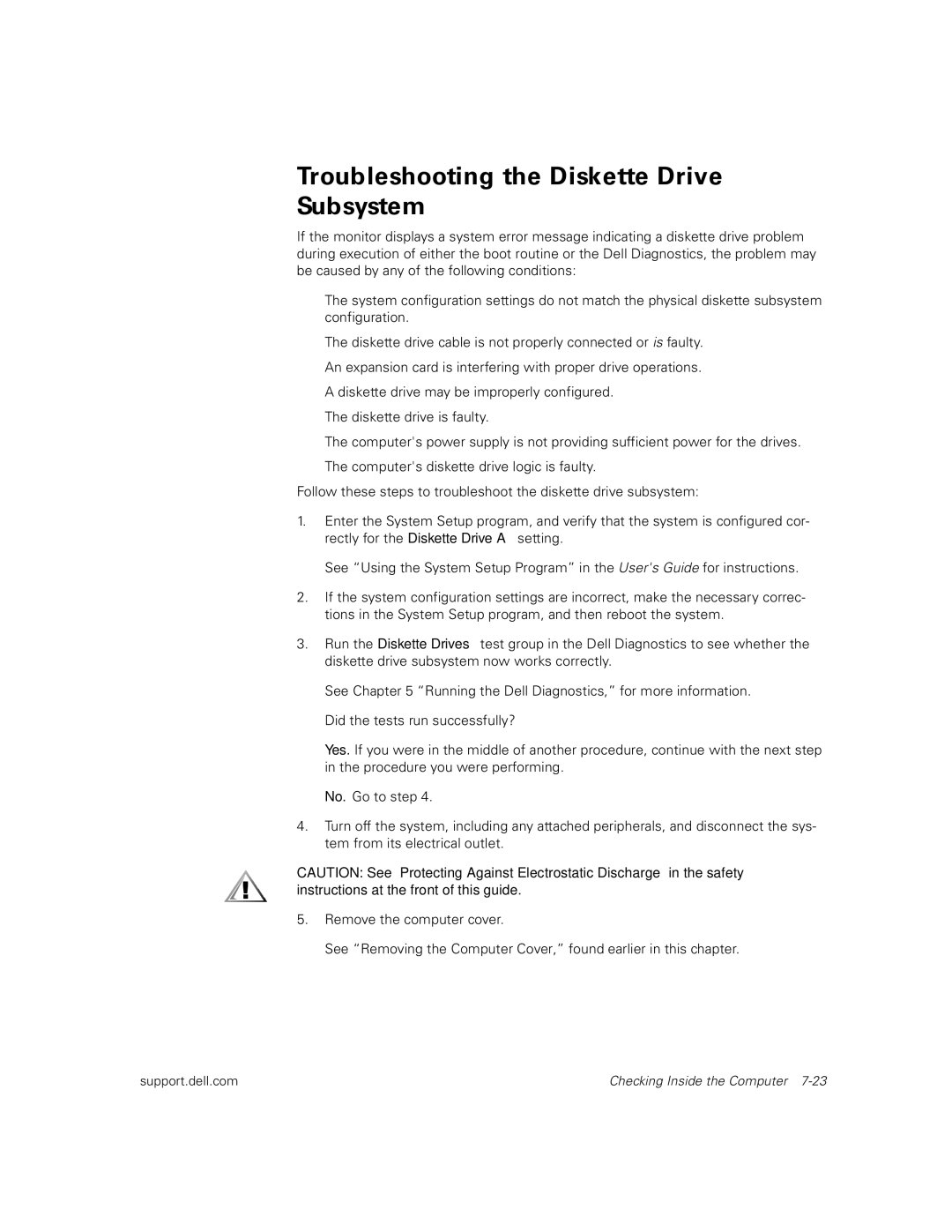 Dell 300 manual Troubleshooting the Diskette Drive Subsystem 