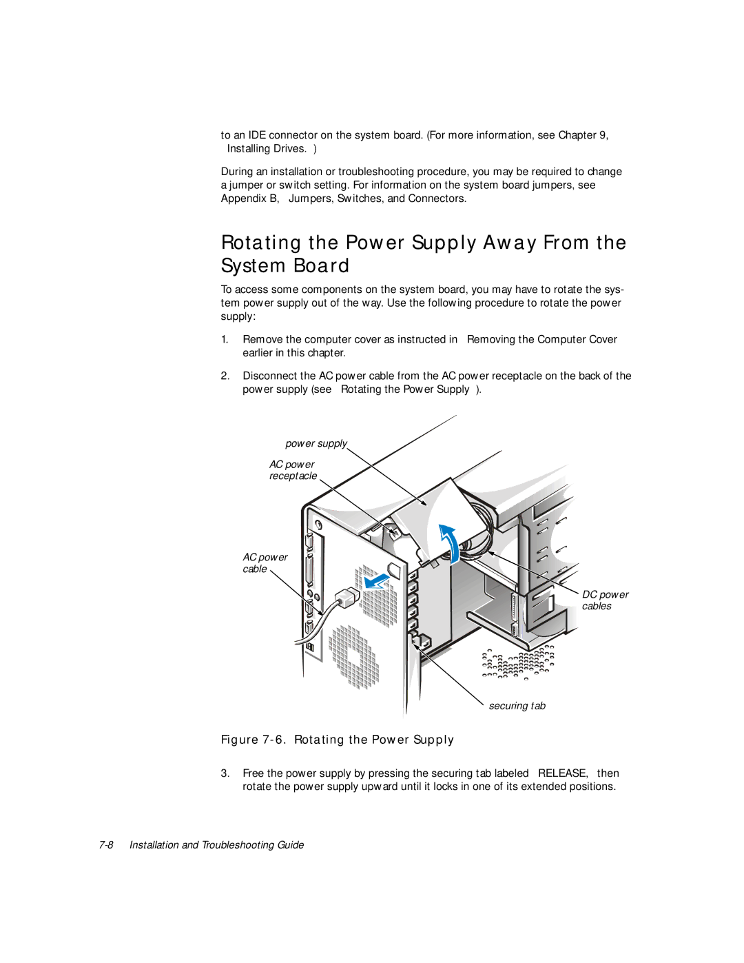 Dell 300 manual Rotating the Power Supply Away From the System Board 