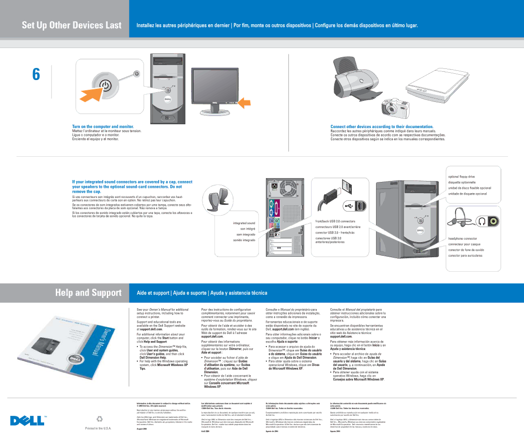 Dell 3000 Series, 0N6350A00 manual Set Up Other Devices Last, Help and Support, Turn on the computer and monitor 