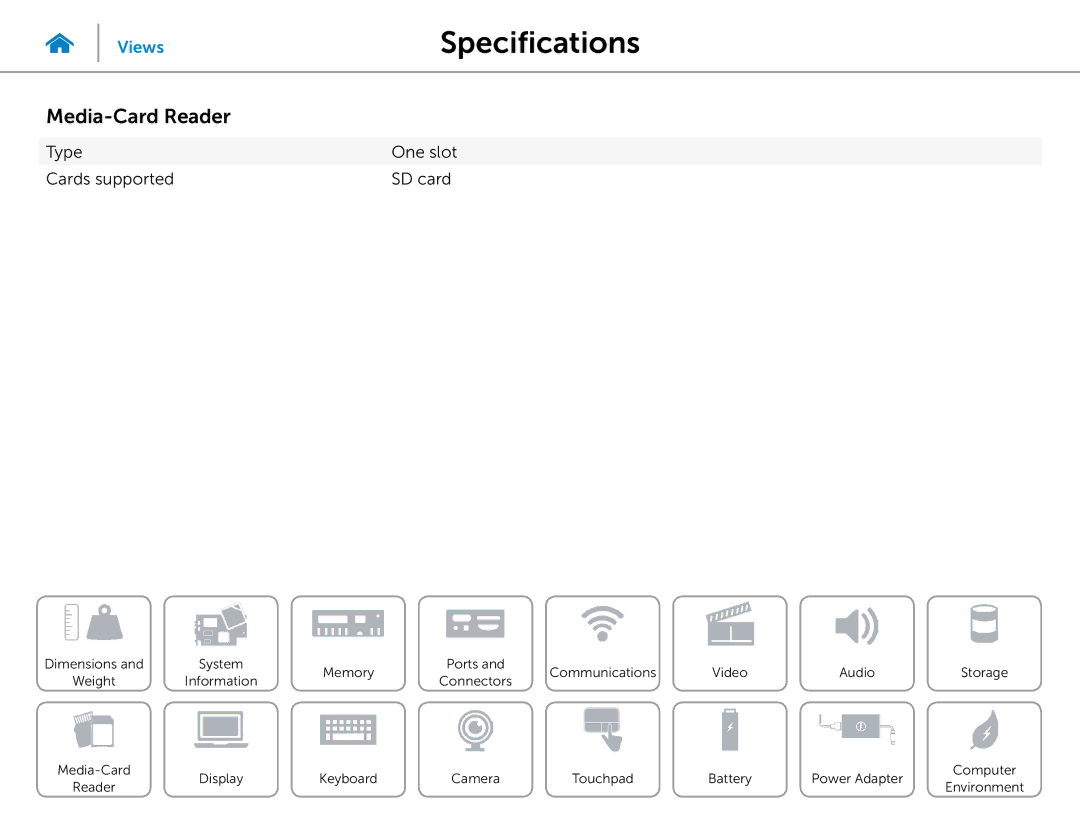 Dell 3000 Series specifications Media-Card Reader, Type One slot Cards supported SD card 