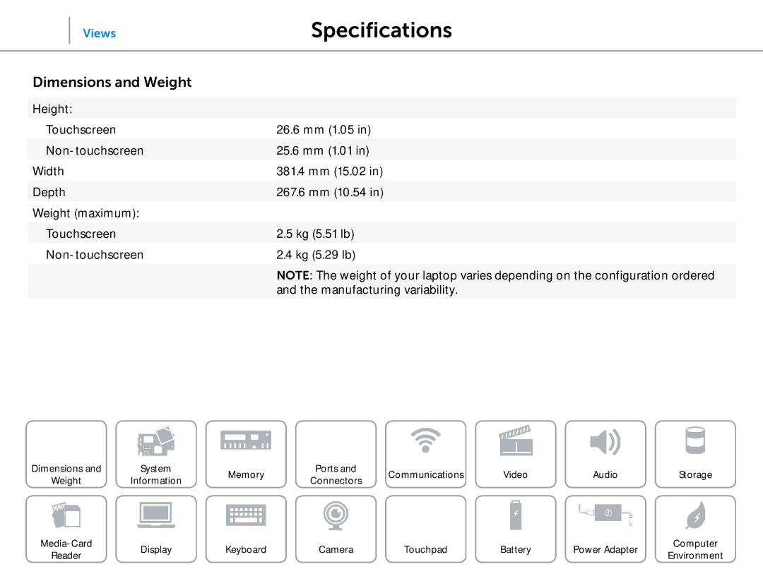 Dell 3000 Series specifications ViewsSpecifications, Dimensions and Weight 