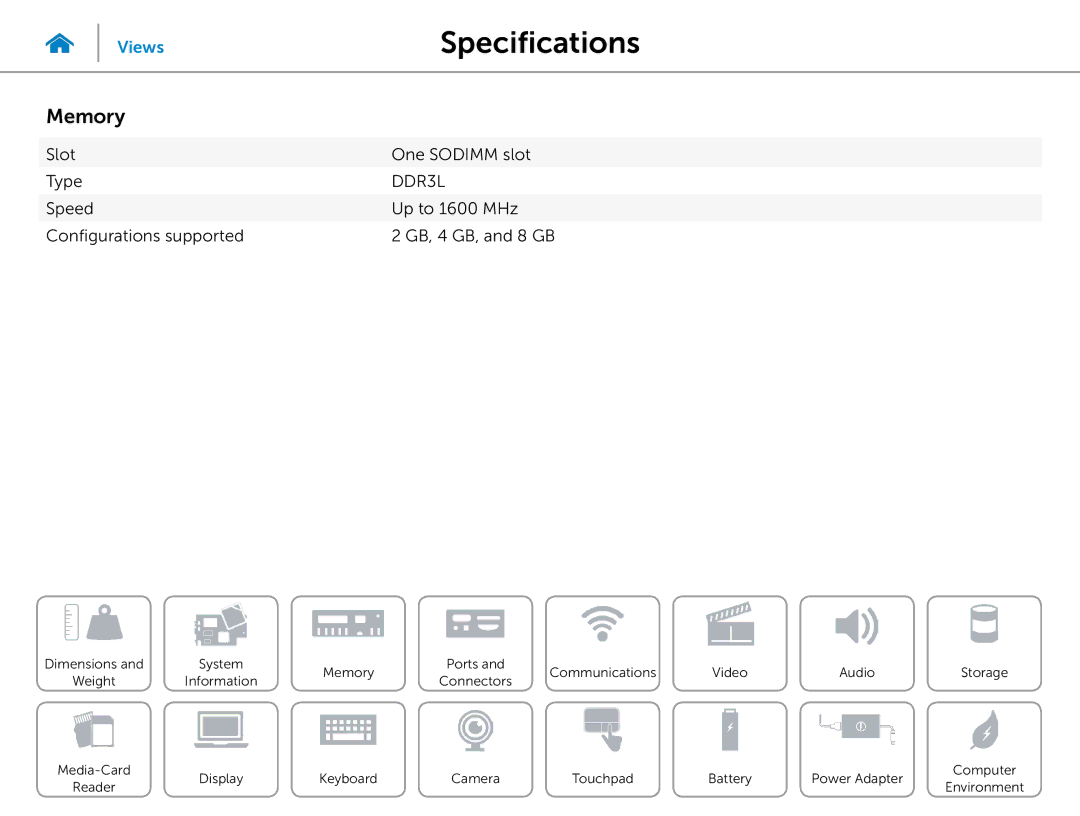 Dell 3000 Series specifications Memory, Slot One Sodimm slot Type, Speed Up to 1600 MHz Configurations supported 