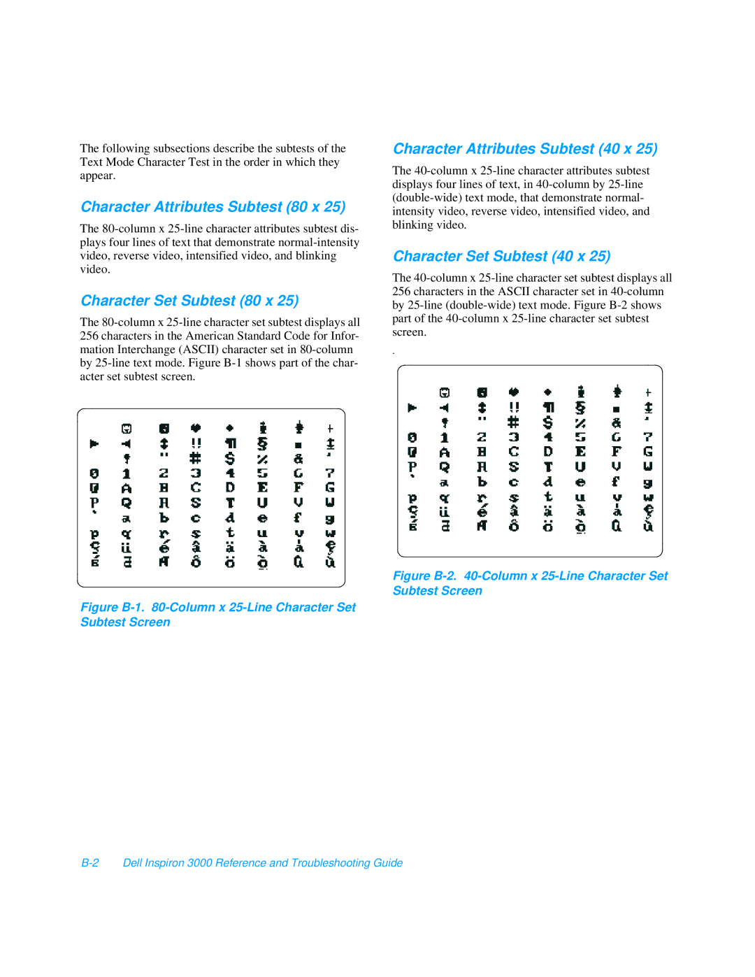 Dell 3000 manual Character Attributes Subtest 80 x, Character Set Subtest 80 x, Character Attributes Subtest 40 x 