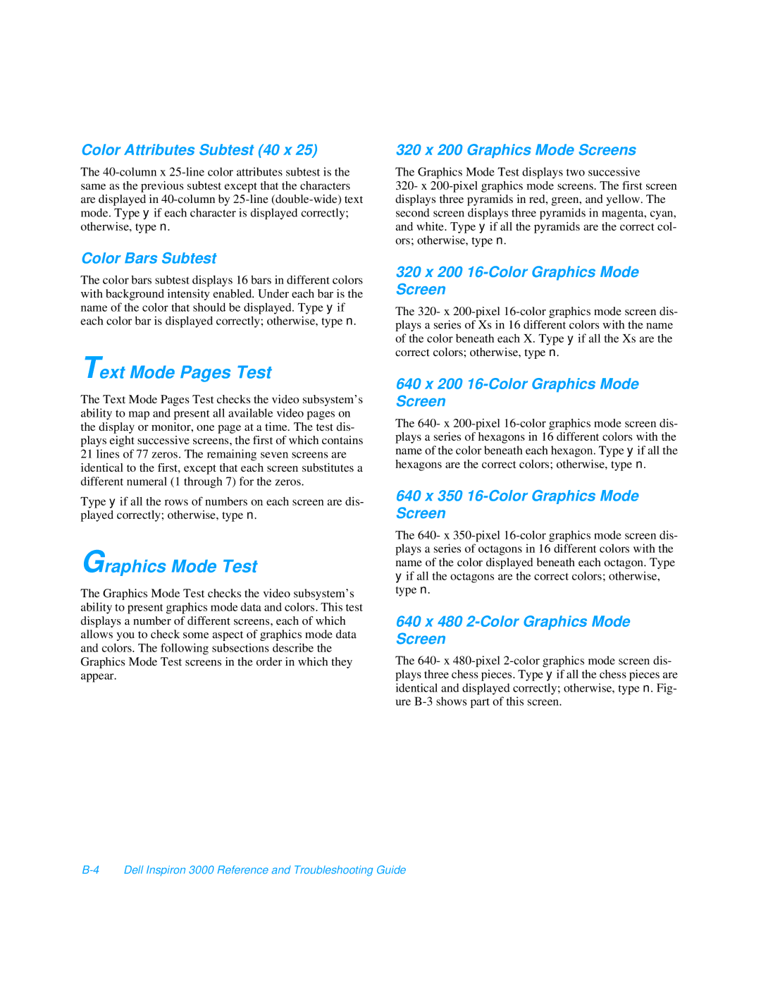 Dell 3000 manual Text Mode Pages Test, Graphics Mode Test 