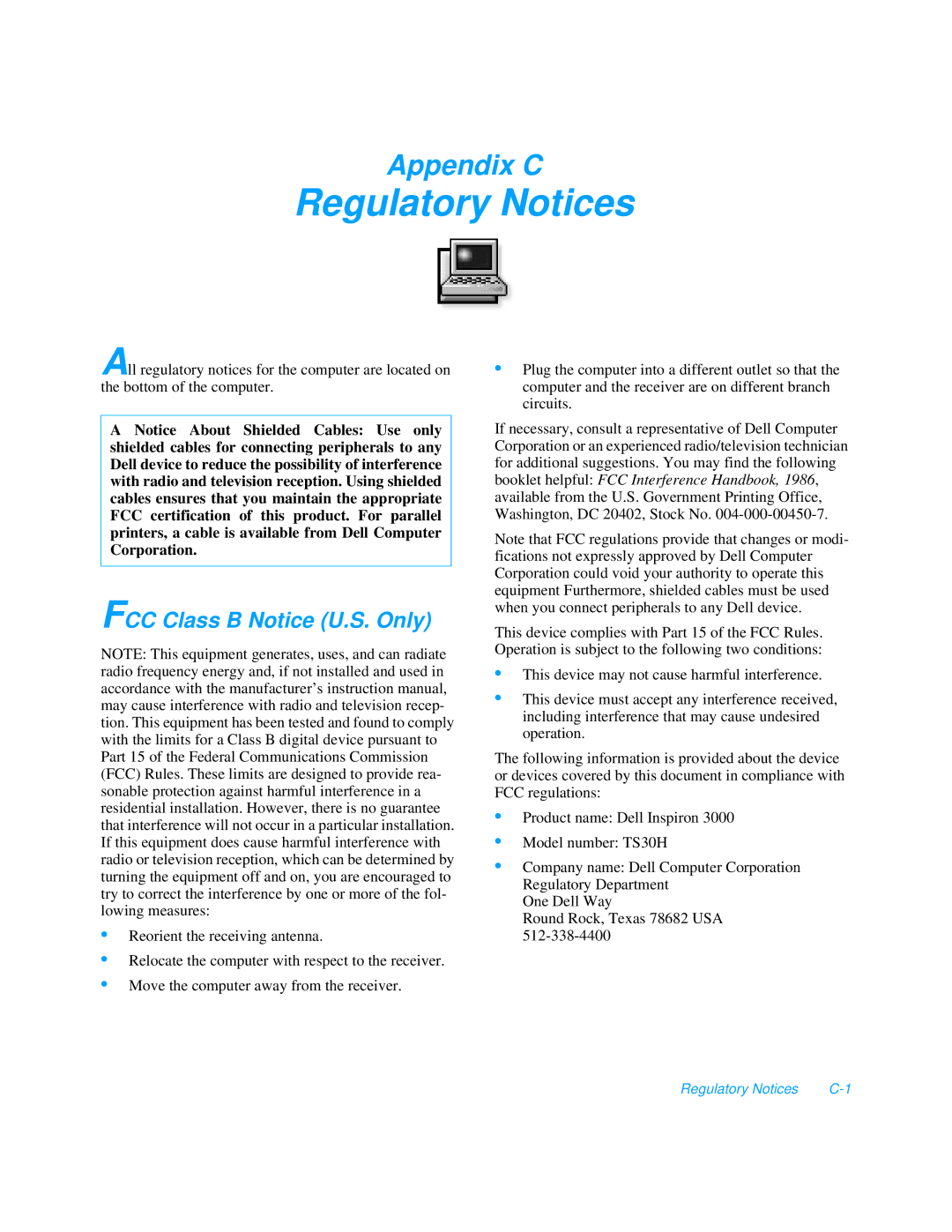 Dell 3000 manual Regulatory Notices, FCC Class B Notice U.S. Only 