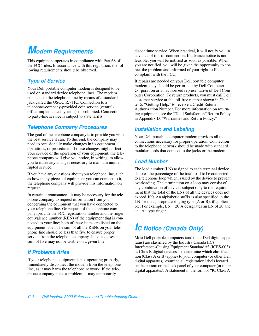 Dell 3000 manual Modem Requirements, IC Notice Canada Only 