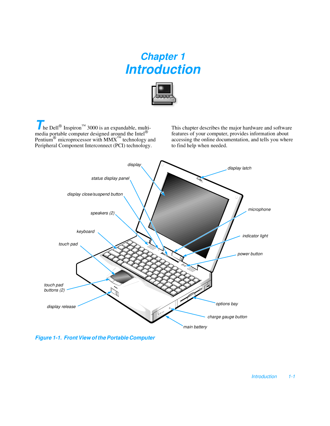 Dell 3000 manual Introduction, Front View of the Portable Computer 