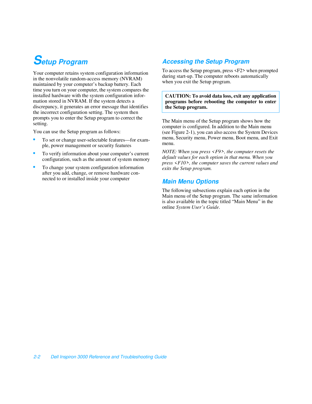 Dell 3000 manual Accessing the Setup Program, Main Menu Options 