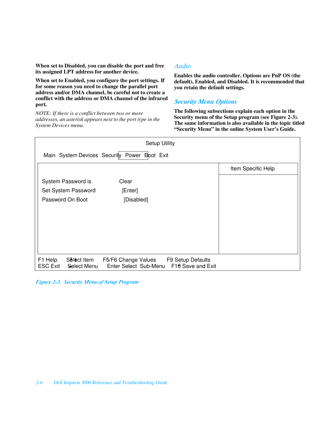 Dell 3000 manual Audio, Security Menu Options 