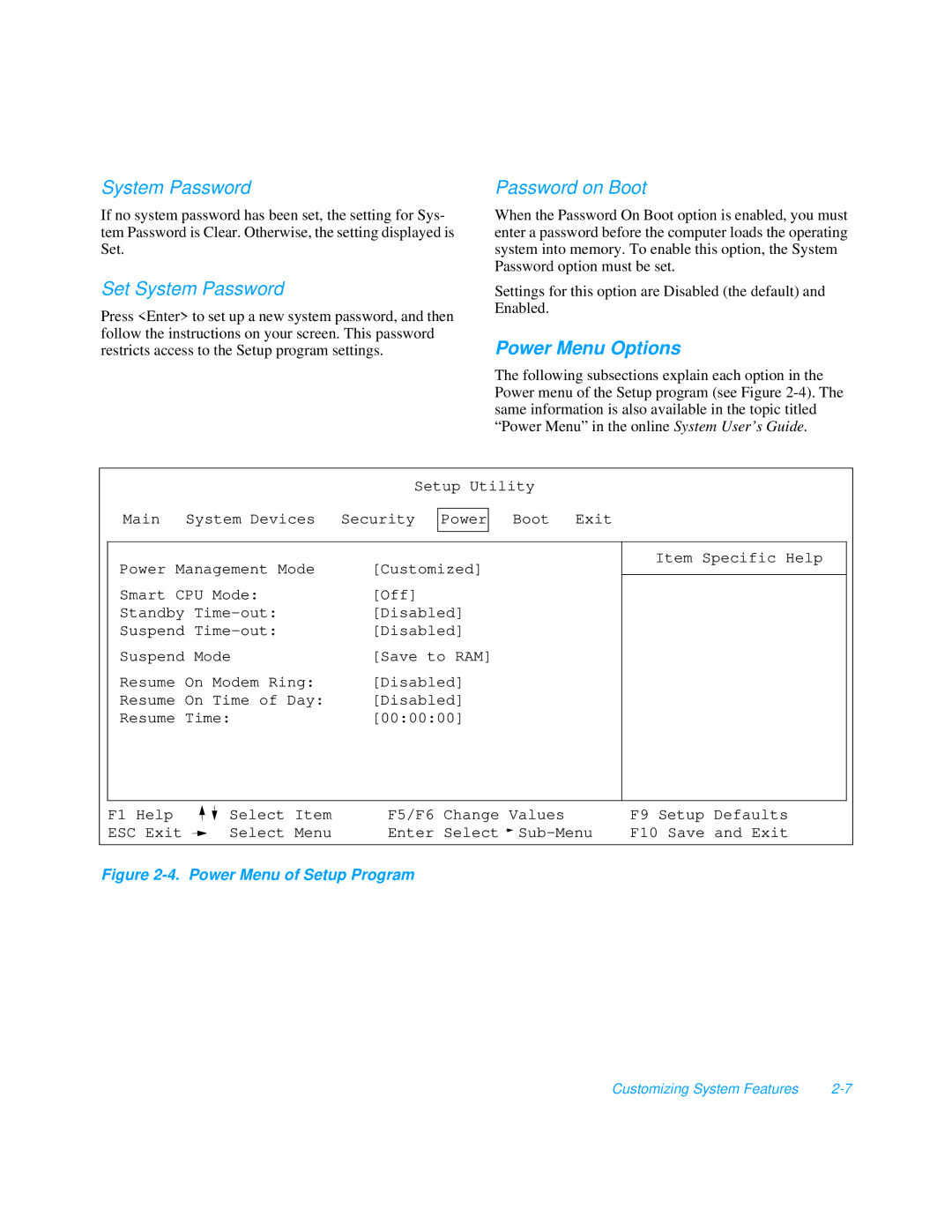 Dell 3000 manual Set System Password, Password on Boot, Power Menu Options 