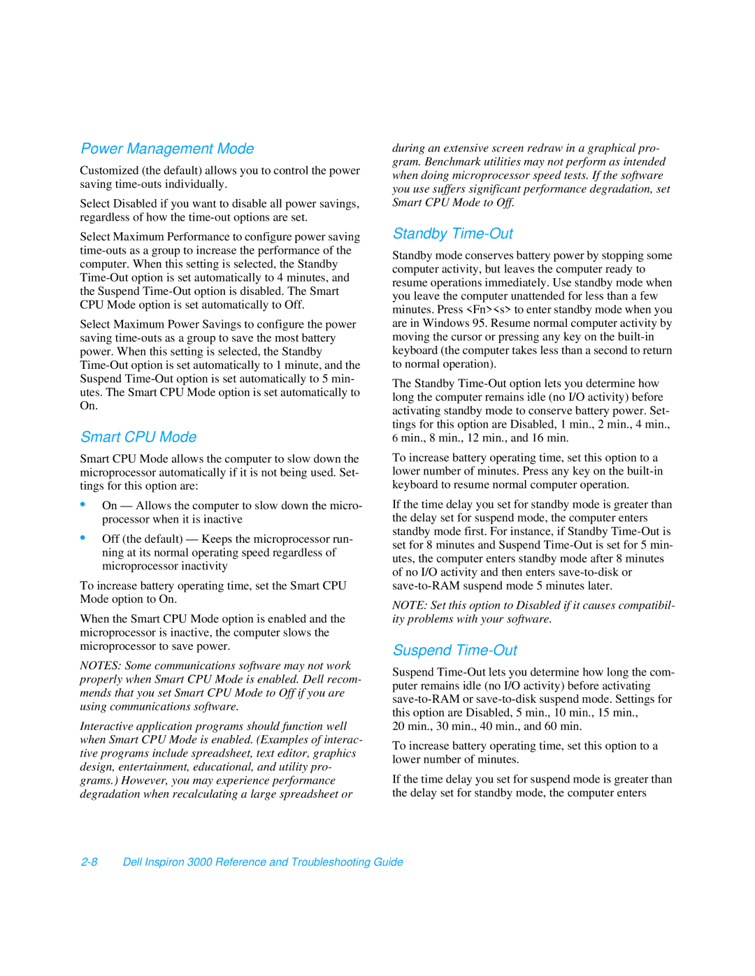 Dell 3000 manual Power Management Mode, Smart CPU Mode, Standby Time-Out, Suspend Time-Out 