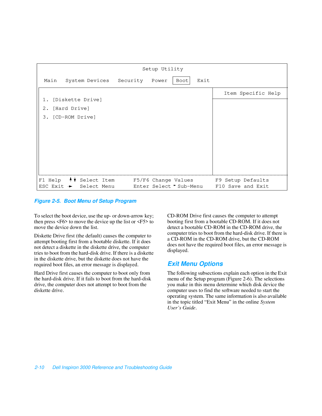 Dell 3000 manual Exit Menu Options, Boot Menu of Setup Program 